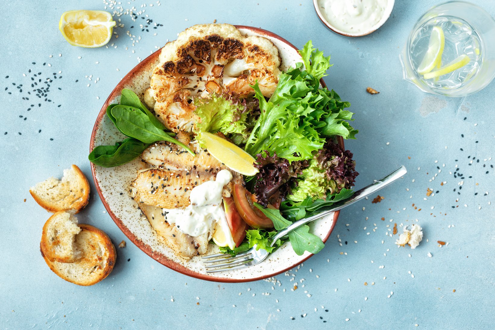 Clean balanced healthy food Healthy lunch Fried fish fillet vegetables